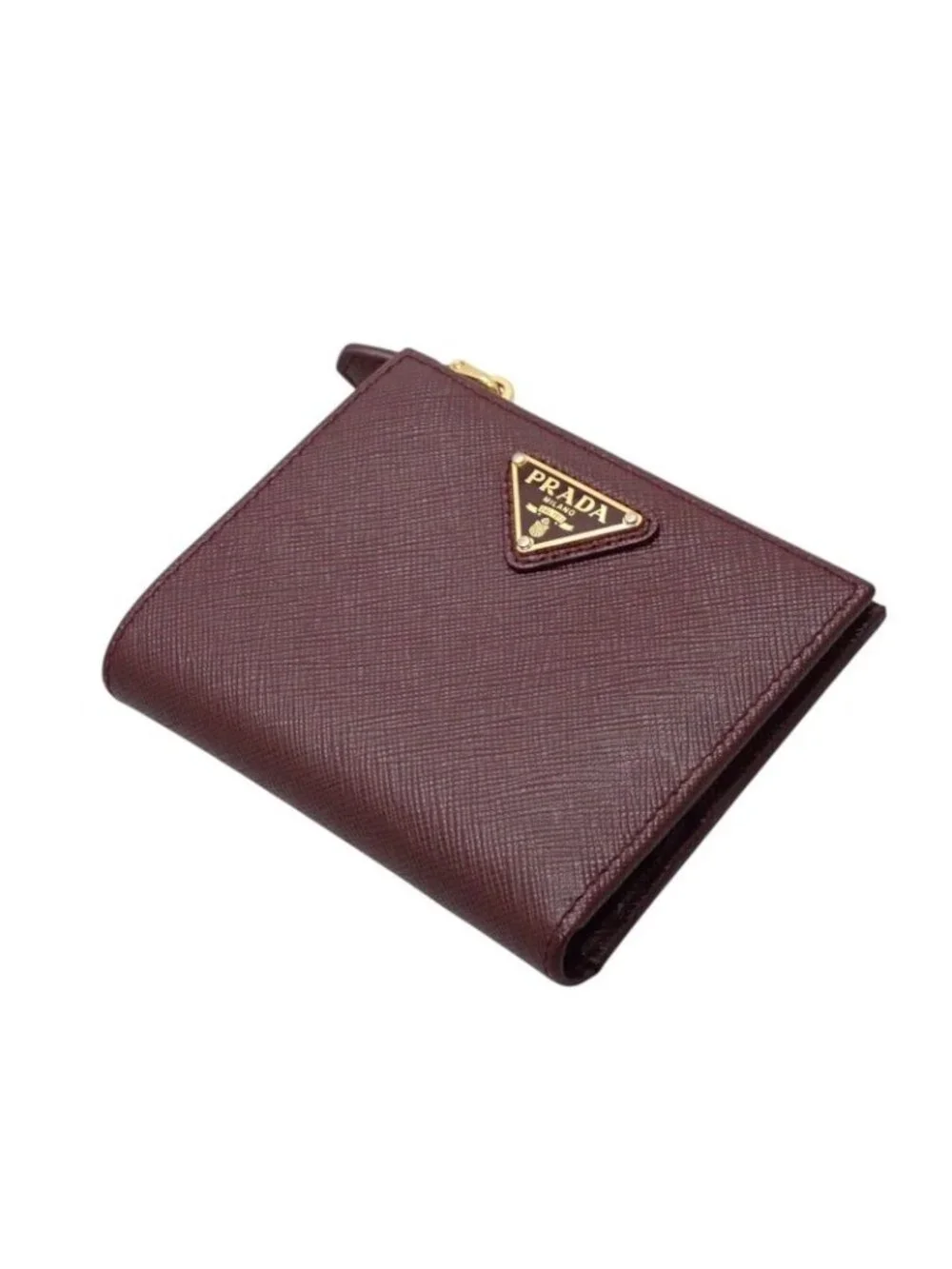 Prada Saffiano Triangle Bifold Wallet Bordeaux Burgundy Gold Genus